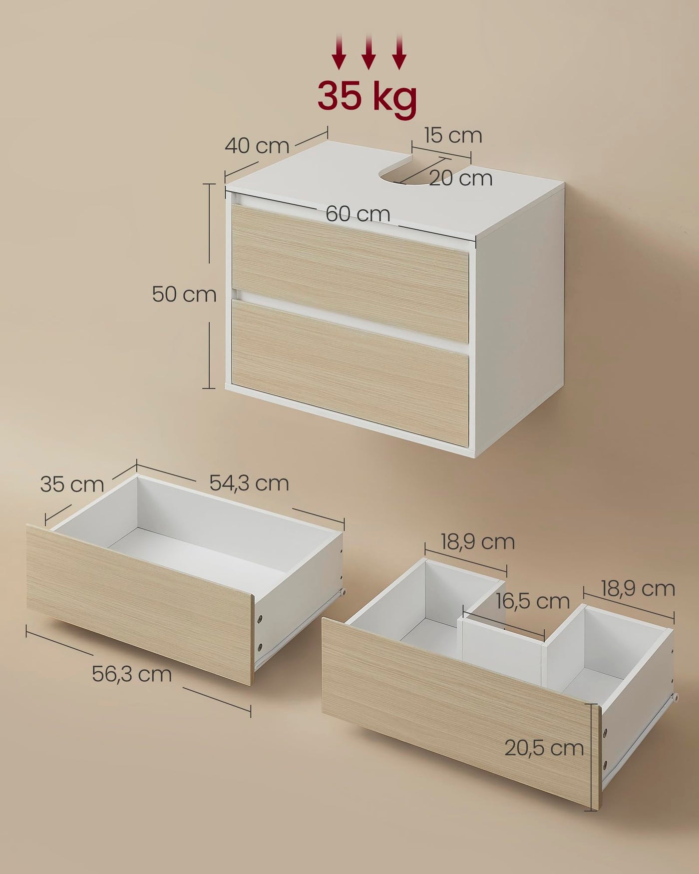 VASAGLE Waschbeckenunterschrank hängend, Waschtischunterschrank 2 Schubladen, Badezimmerschrank, Wandschrank, Hängeschrank, 40 x 60 x 50 cm, wolkenweiß-naturbeige BBK501K01