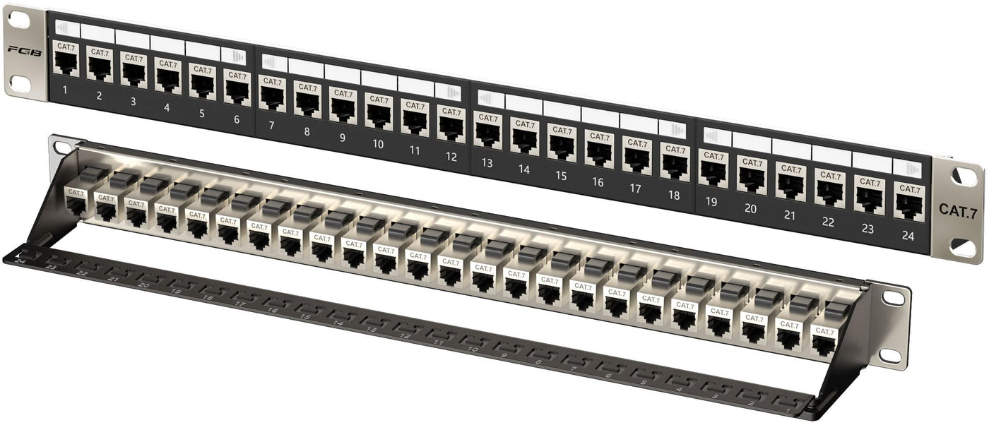 FGB 10Gbps 1U Patchpanel mit 24 Anschlüssen und Cat7 RJ45 geschirmter Keystone-Koppler, 19-Zoll-Rackmount- oder Wandmontage-Patchpanel mit Rückleiste, Netzwerk-Patchpanel für Gigabit-Netzwerk-Switch