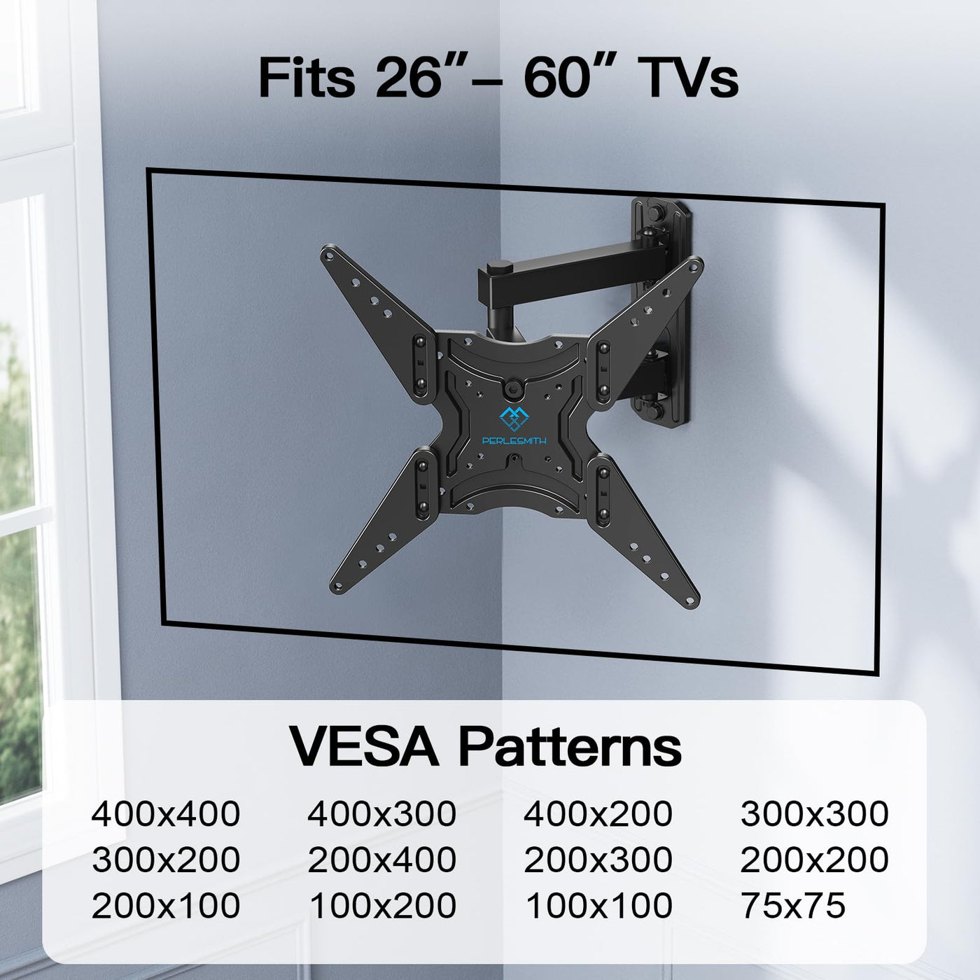 PERLESMITH TV Wandhalterung Schwenkbar Neigbar, Wandhalterung Fernseher für 26-60 Zoll Flach & Curved Fernseher oder Monitor bis zu 32kg, TV Halterung max.VESA 400x400mm