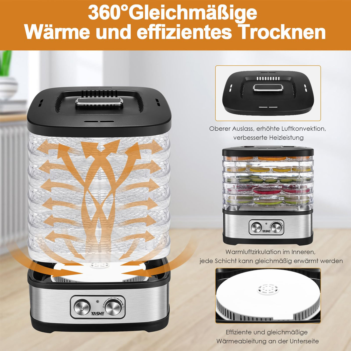 YASHE GGJ-261A Dörrautomat mit 5 höhenverstellbaren Tabletts, Temperaturregelung von 35-70°C, 240 Watt Dörrgerät für Obst und Gemüse, BPA-frei