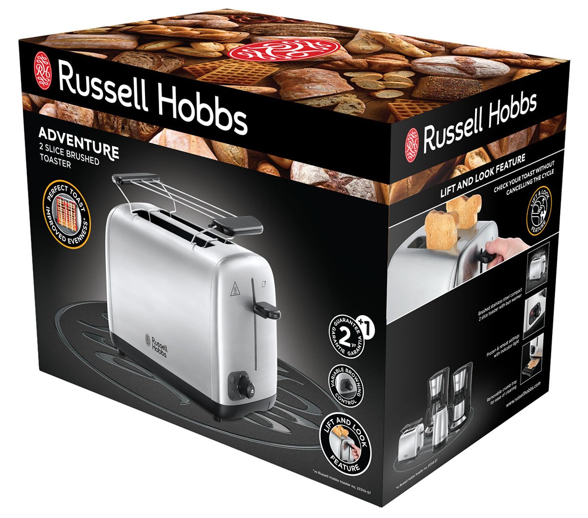 Grille-pain Russell Hobbs [pour 2 tranches] Adventure en acier inoxydable (fentes de toast extra larges, y compris chauffe-petits pains, 6 niveaux de brunissage + fonction décongélation et réchauffage, fonction lift &amp; look, 850 W) 24080-56