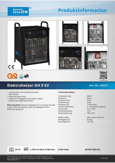 Güde Elektroheizer GH 9 EV (400 V, 9 kW, TÜV/GS, 2 Heizstufen 4,5 / 9 kW, Gebläseleistung 780 m³/h, 13 A Stromaufnahme, stufenlos regulierbarer Thermostat, Überhitzungsschutz & Tragegriffe)