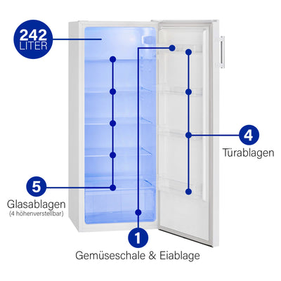 Bomann® freistehender Vollraumkühlschrank | Standkühlschrank groß 242 Liter | inkl. LED-Beleuchtung | ideal für Getränke und Lebensmittel | Türanschlag wechselbar | VS 7316.1 weiß