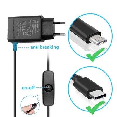 Bruphny Netzteil für Raspberry Pi 4/3, 5.1V 3A USB-C Netzteil mit EIN/Aus Schalter für Raspberry Pi 3，für Raspberry Pi 4 Modell B