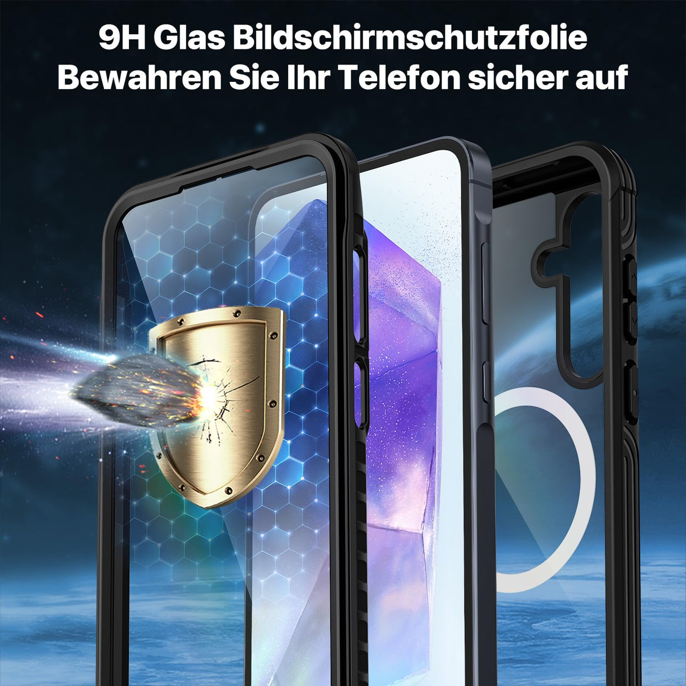 CENHUFO für Samsung Galaxy A55 5G Hülle, Magnetisch Schutzhülle mit Eingebautem Panzerglas Displayschutz Robust Stoßfest Panzerhülle Cover Case 360 Grad Handyhülle für Samsung Galaxy A55 5G -Schwarz