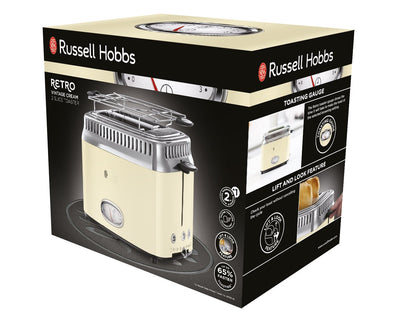 Russell Hobbs Toaster [für 2 Scheiben] Retro Edelstahl Creme (Countdown-Anzeige im Retrodesign, inkl. Brötchenaufsatz, 6 Bräunungsstufen + Auftau- & Aufwärmfunktion, 1300W) Vintage 21682-56