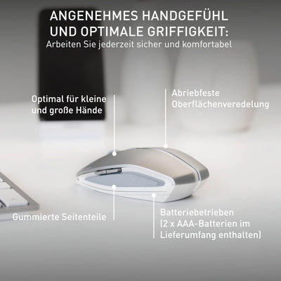 CHERRY GENTIX BT, Kabellose Bluetooth-Maus, Multi-Device-Funktion für bis zu 3 Geräte, Umschaltbare Auflösung (1000/2000 dpi), Batteriebetrieben, Frosted Silver