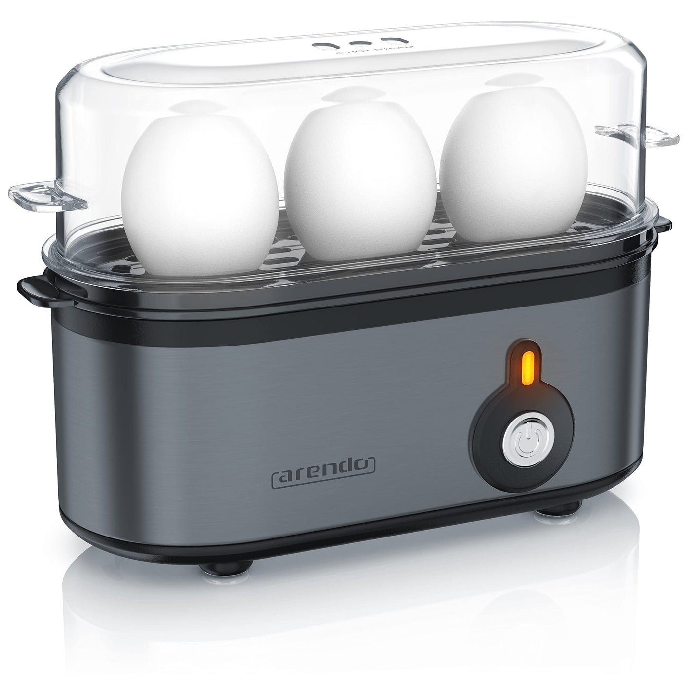 Arendo - Edelstahl Eierkocher Threecook - Egg Cooker - EIN AUS-Schalter - Wählbarer Härtegrad - 210 W - 1-3 Eier - GS - BPA-frei