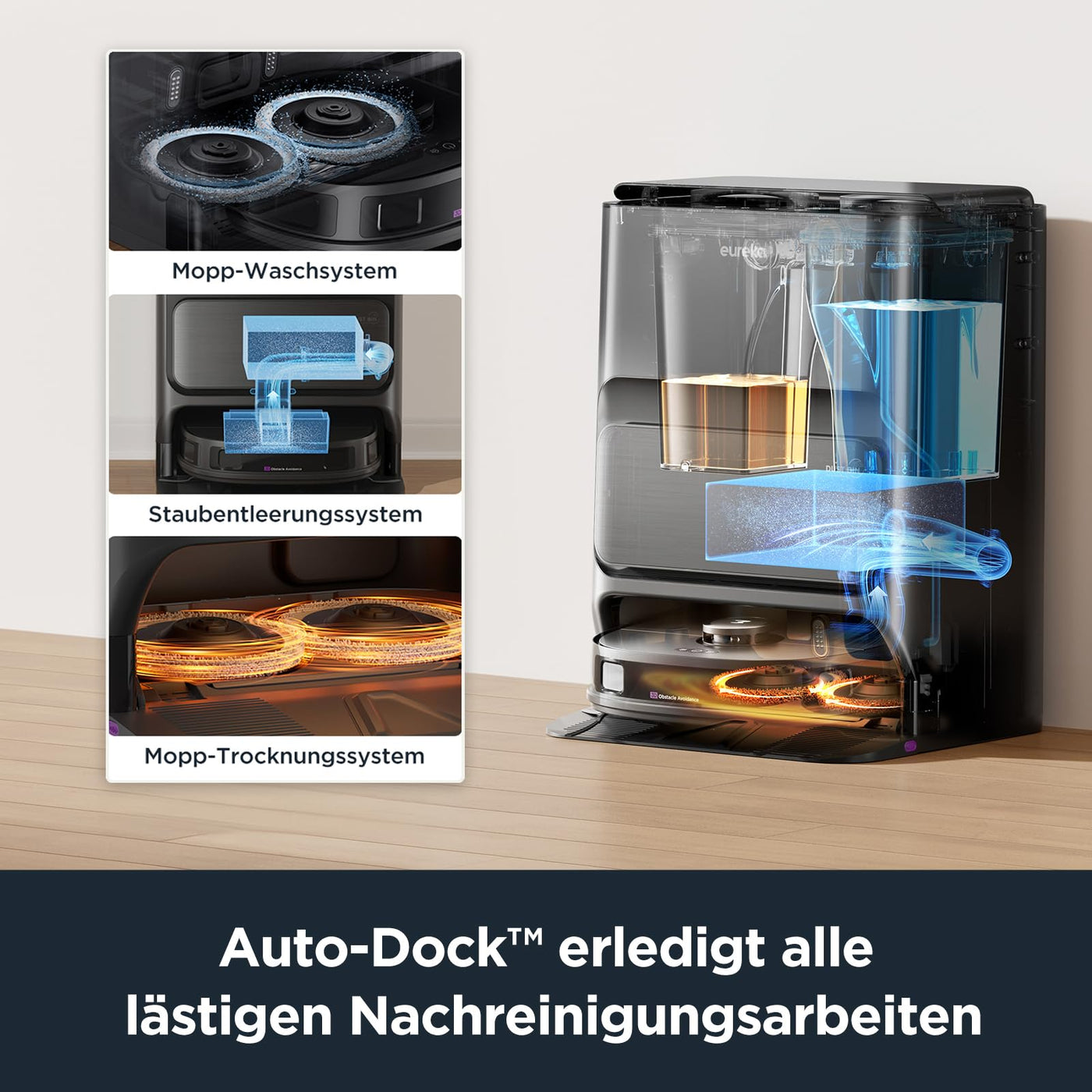 EUREKA J12 Ultra DE Saug- & Wischroboter + All-in-One Station (KI-3D-Hinderniserkennung, intelligente Haustierumgehung, Auto Teppicherkennung, ideal gegen Tierhaare, App- & Sprachsteuerung) schwarz