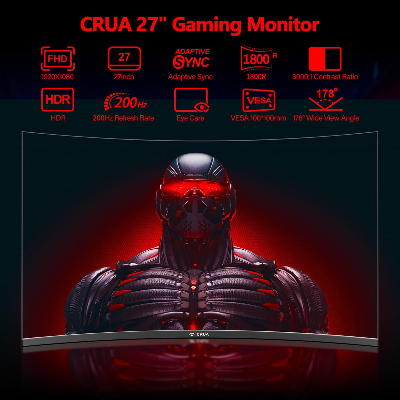 CRUA 27'' Curved Gaming Monitor, FHD 1080P, 200Hz, 1ms GTG, 1800R Curvature, FreeSync, Low Motion Blur, Eye Protection, VESA Mount, HDMI & DP, Black