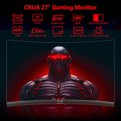 CRUA 27'' Curved Gaming Monitor, FHD 1080P, 200Hz, 1ms GTG, 1800R Curvature, FreeSync, Low Motion Blur, Eye Protection, VESA Mount, HDMI & DP, Black