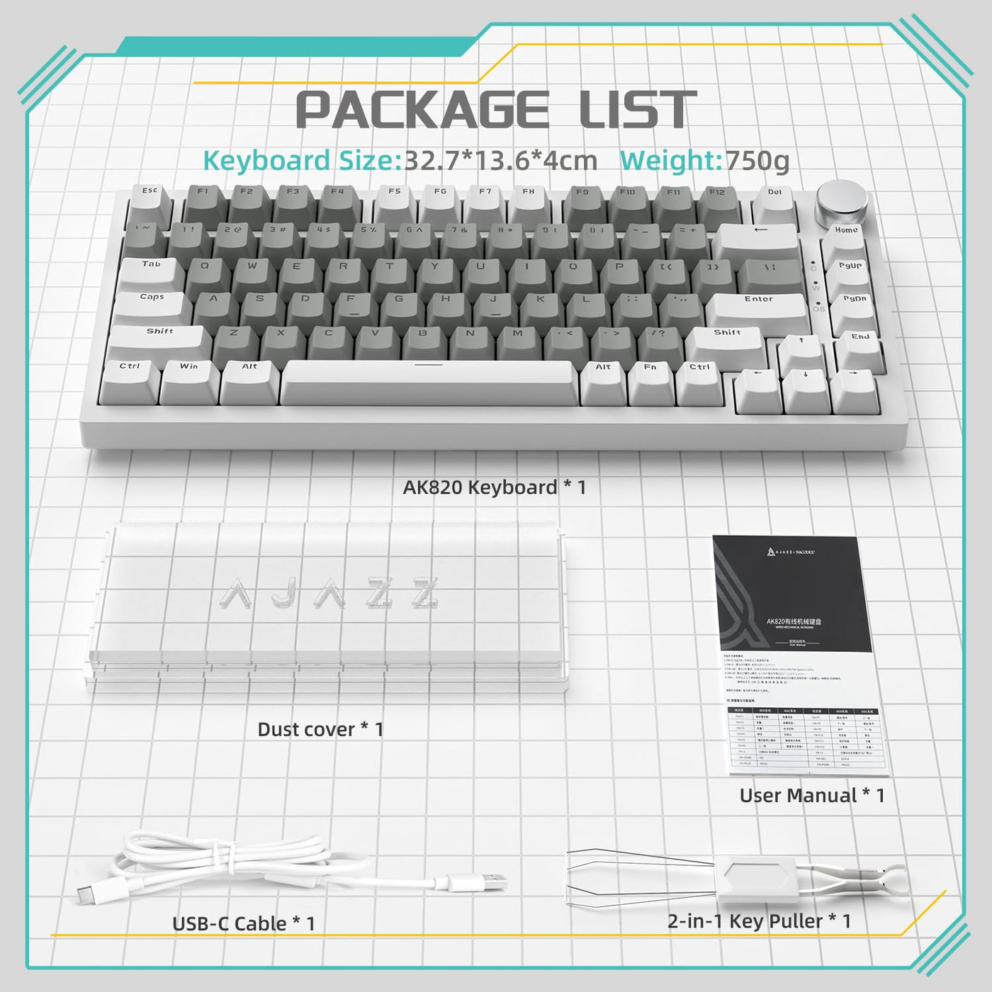 YINDIAO Ajazz AK820 Mechanische Tastatur mit Knopf,75% ANSI-Layout,81 Tasten,Kabelgebundene Gaming-Tastatur,Verbesserte Dichtungsmontage,Hot-Swap Roter Schalter,Eisweißes Licht,für PC,MAC (Weiß&Grau)