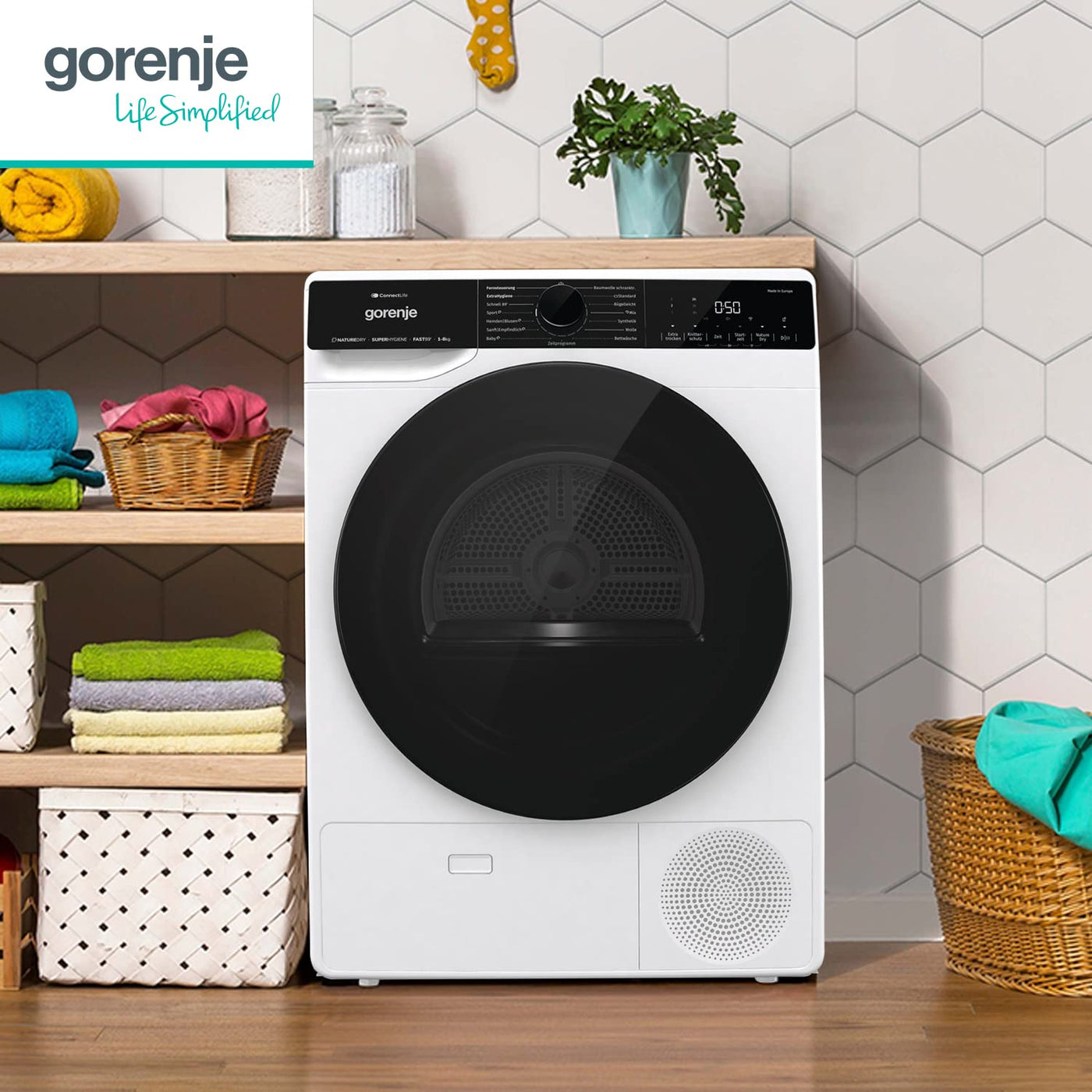 Gorenje DPNA93W Wärmepumpentrockner, 9 kg Kapazität, 15 Programme, ConnectLife WiFi, Auto Drain, Made in EU, Nature Dry, Twin Air, Sportprogramm, Schnellprogramm Energieklasse A+++