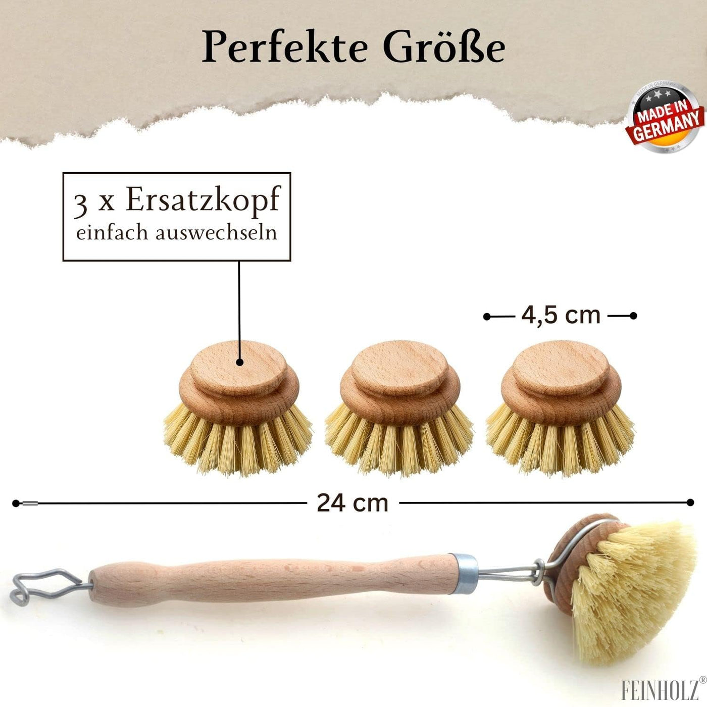 FEINHOLZ Spülbürste Holz mit Wechselkopf im 4er Set mit Naturborsten • Made in Germany • nachhaltige Spülbürsten Holz mit 3 x Ersatzkopf • Abwaschbürste, Geschirrbürste, Küchenbürste, Bürste Küche