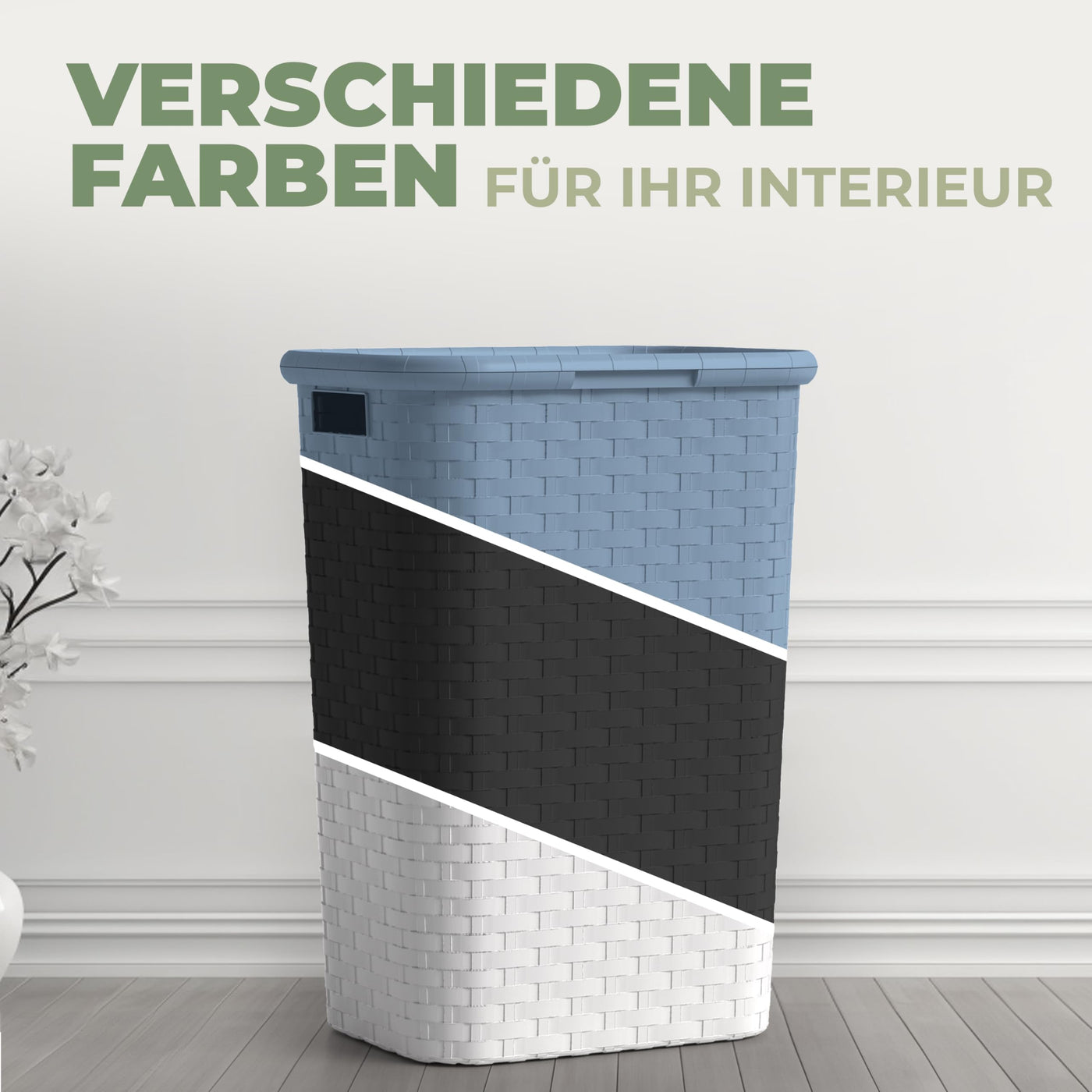 Wäschekorb mit Deckel Rattan - Wäschebox in Flechtoptik 65 L - Wäschesammler Kunststoff mit seitl. Griffen - Platzsparende Wäschesammelbox für Badezimmer & Wohnräume - Wäschetonne anthrazit