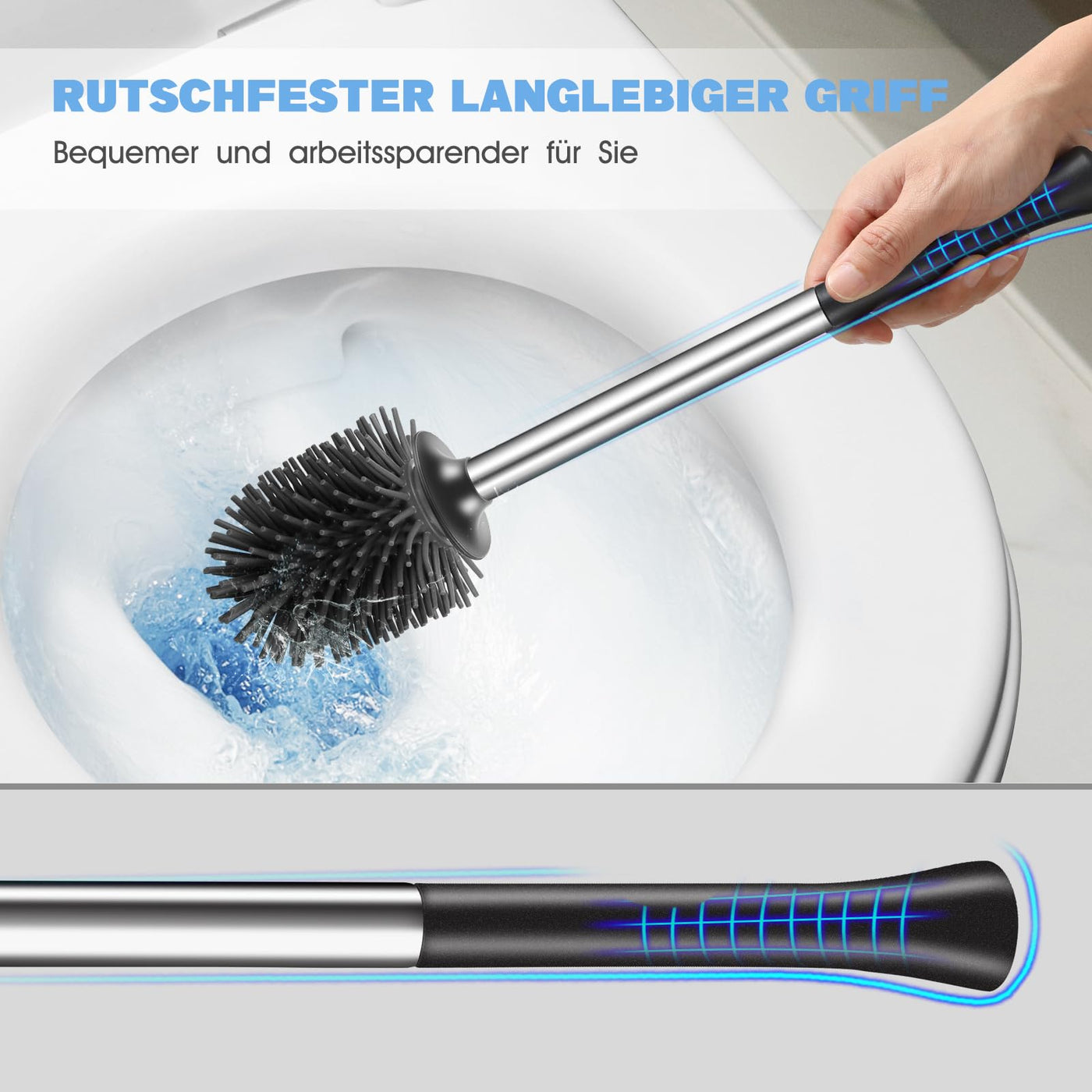 HAMITOR Kloburste Silikon WC Bursten Edelstahl: Tiefenreinigung Toilettenburste mit Halter und Randreiniger-Flexible Kloburstenhalter Set fur Badezimmer Stehen Toilet Brush