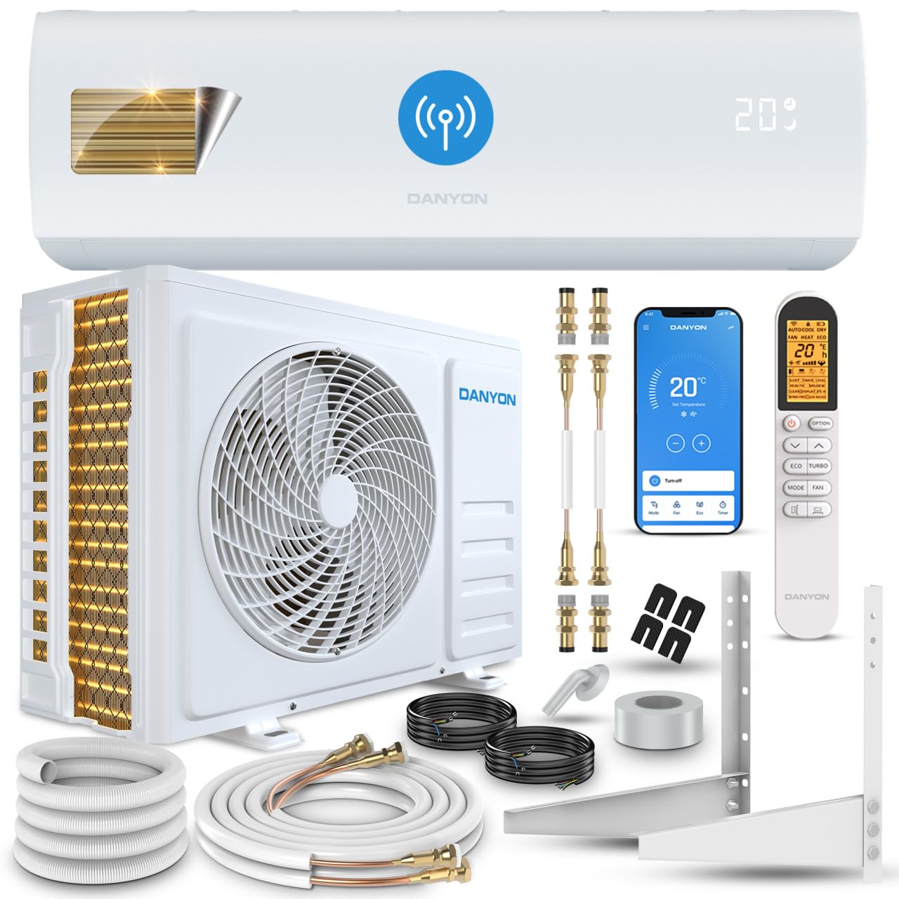 Danyon Split Klimaanlage Quick Connect - 12000 BTU (3,4 kW) - Inverter Klimagerät mit Heizfunktion, WiFi und App - bis 55qm - sehr leise - 5m Kupferleitung, Kältemittel R32, Montageset