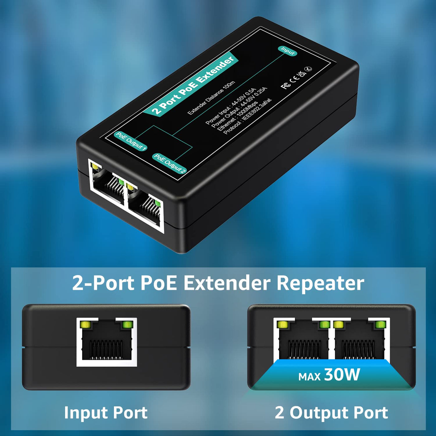 VIMIN 2-Port Gigabit PoE Extender, 1-in-2-Out PoE Repeater für Den Innenbereich, Unterstützt IEEE802.3af/at mit 1000 Mbit/s, Verlängert die Strom-und Datenübertragung um Zusätzliche 100 m (328 Fuß)