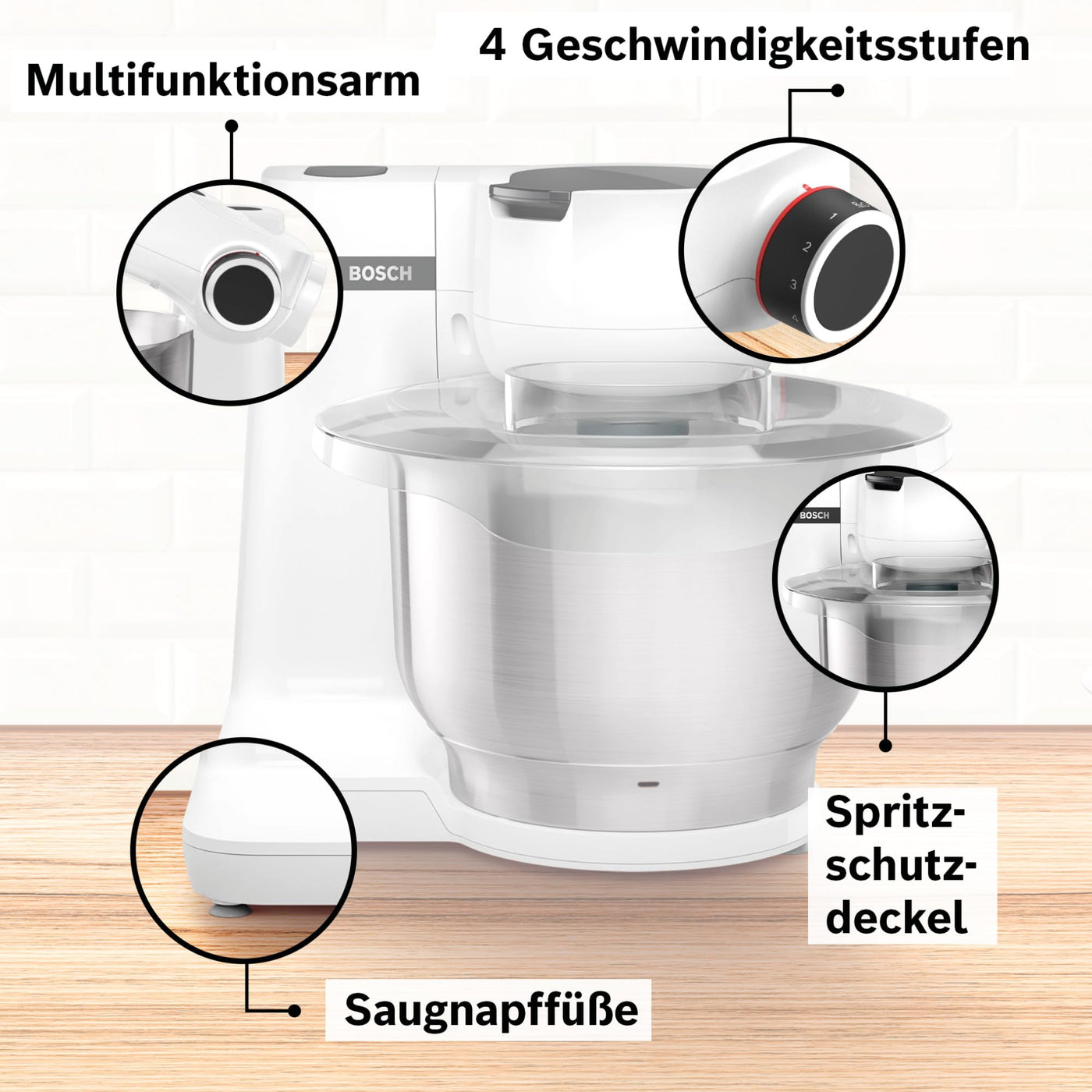 Bosch Küchenmaschine MUM Serie 2 MUMS2EW00, Edelstahl-Schüssel 3,8 L, Planetenrührwerk, Knethaken, Schlag-, Rührbesen Edelstahl, 4 Arbeitsstufen, durch optionales Zubehör erweiterbar, 700 W, weiß