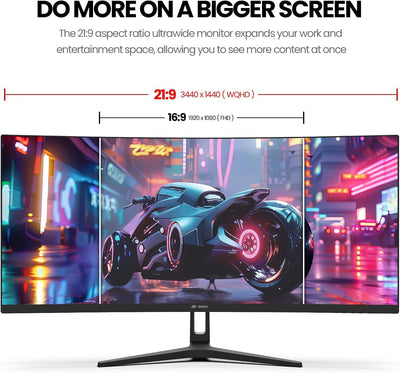 CRUA 34 Zoll Curved Gaming Monitor, WQHD 3440x1440, 165Hz, 1ms VRB, höhenverstellbar, FreeSync Premium, DP 1.4