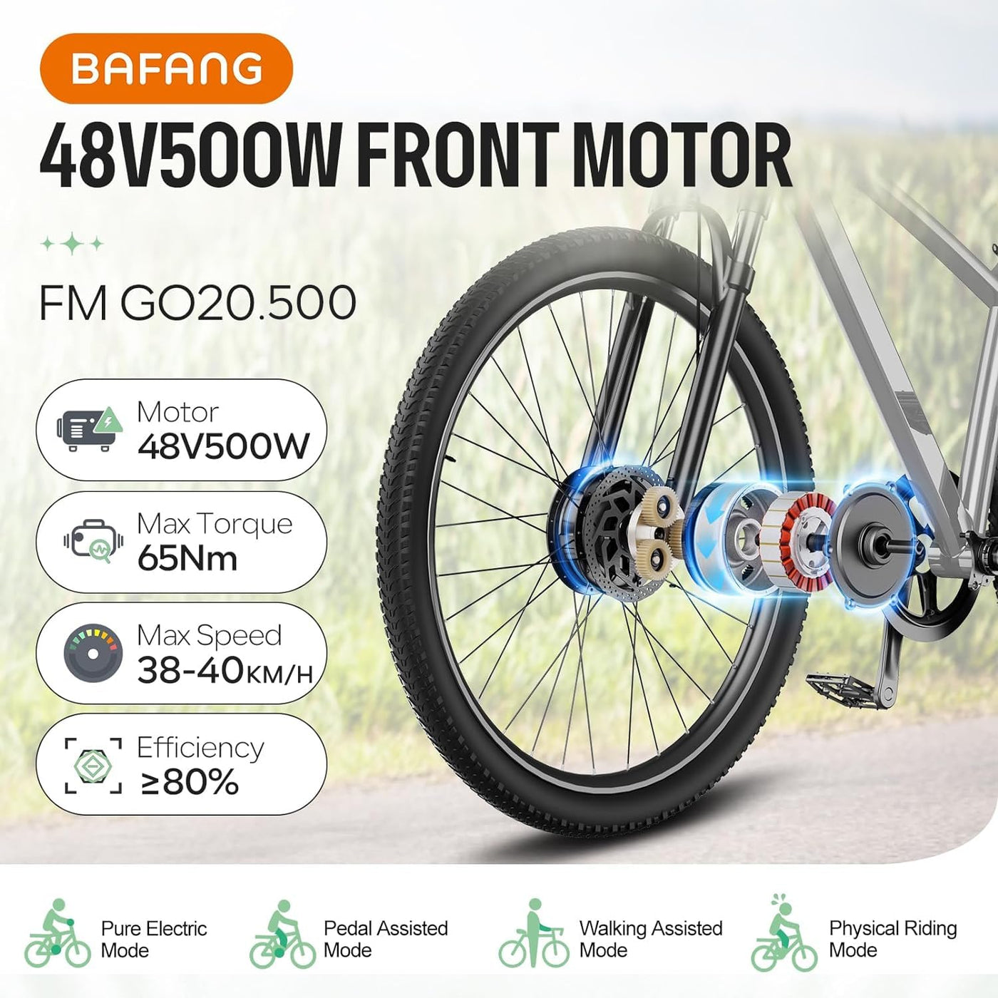 Bafang 48V 500W Vorderrad Nabenmotor - Ebike Umbausatz mit Akku Optionalem und LCD Display, Scheibenbremsversion Frontmotor mit Einbaubreite 100MM für 26" 28" 29" 700C Mountainbike Rennrad Pendlerrad