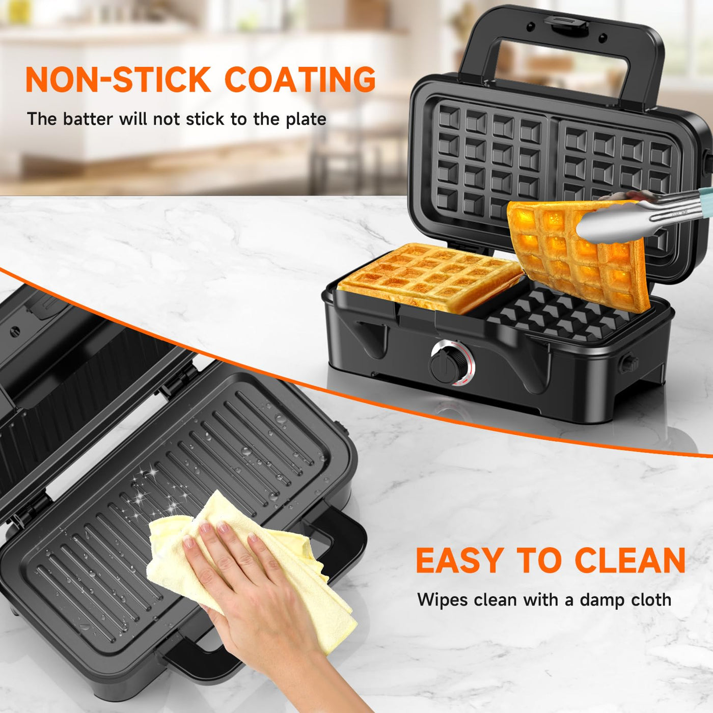 Sandwichmaker 3 IN 1, 1200W & 5-Gang-Temperaturregelung Waffeleisen, Sandwichtoaster, Kontaktgrill mit 3 Antihaftplatten für Sandwich, Waffeln, Fleisch, LED-Leuchten, Cool-Touch-Griff