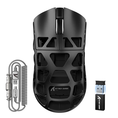 ATTACK SHARK R3PRO 46g SUPERLIGHT Magnesiumlegierung Maus, 8000Hz Kabellose Abfragerate, 26000 DPI, 2,4G/BT/Kabelgebundene Gaming-Mouse, PixArt PAW3395-Sensor G502, mit Spiralkabel, PC/Mac, Schwarz