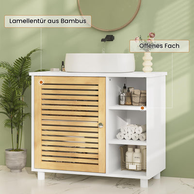 FORABAMB Waschbeckenunterschrank, Badezimmerschrank mit Bambustüren, 3 offene Fächer, viel Stauraum, Freistehend Badschrank Unterschrank, 62 x 30 x 60 cm