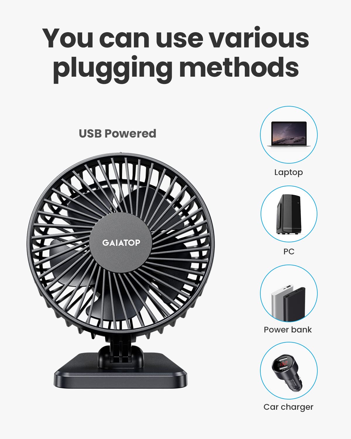 Gaiatop USB-Schreibtischventilator, klein, aber leistungsstark, tragbar, leise, 3 Geschwindigkeiten, Mini-Ventilator für bessere Kühlung, Home Office Auto Indoor Outdoor (schwarz)