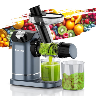 Extracteur de jus à rotation lente Muchen, vainqueur du test de jus de fruits et légumes, moteur silencieux de 150 W, hachage inversé, nettoyage facile, design en acier inoxydable en noir et argent, livre de recettes inclus