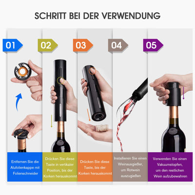 Elektrisches Weinflaschenöffner-Kit, Elektrischer Korkenzieher, Automatisch Flaschenöffner Schnurlos Weinöffner, Weinflaschenöffner Set enthält Folienschneider, Weinausgießer und Vakuum Weinverschluss