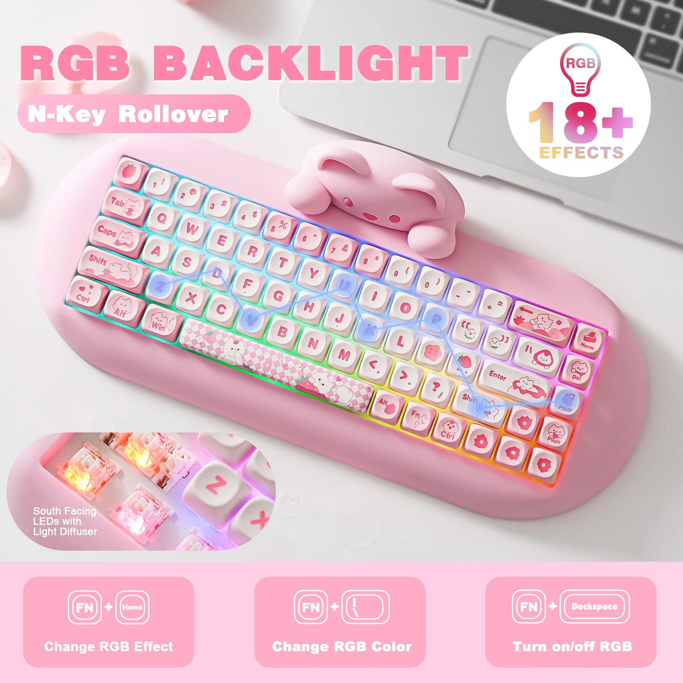 YUNZII C68 Drahtlose Mechanische Tastatur,65% Gaming Tastatur Hot Swap,Triple Mode BT5.0/2.4G/Wired Tastatur,RGB Backlit NKRO,Katze Silikon Ergonomie Tastatur Win/Mac(Milchschalter,Pink Cat)