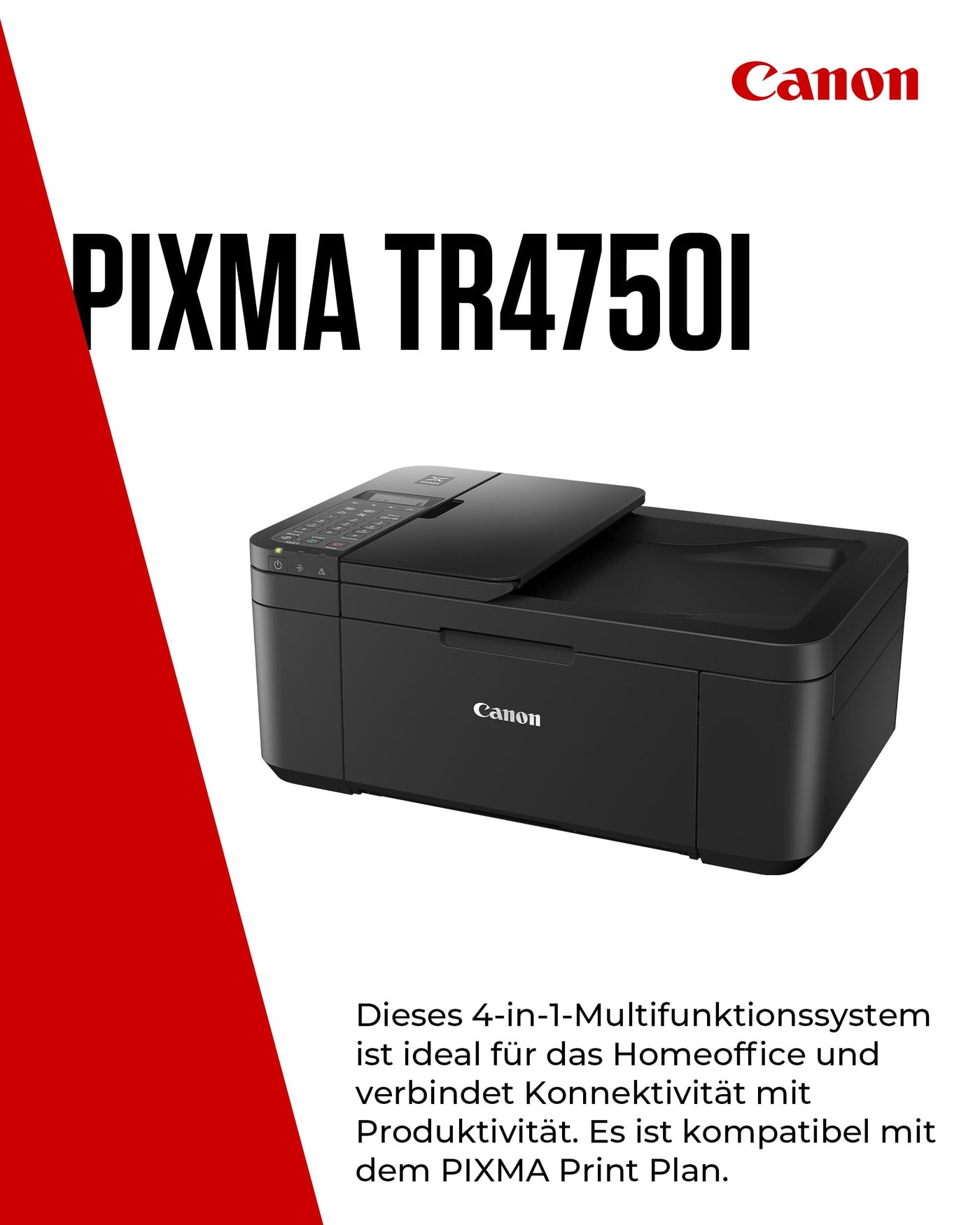 Canon PIXMA TR4750i Multifunktionsdrucker 4in1 (Tintenstrahl, Drucken, Kopieren, Scannen, Faxen, A4, WLAN, Apple AirPrint, 20 Blatt ADF, Duplexdruck, kompatibel mit Pixma Print Plan ABO) schwarz