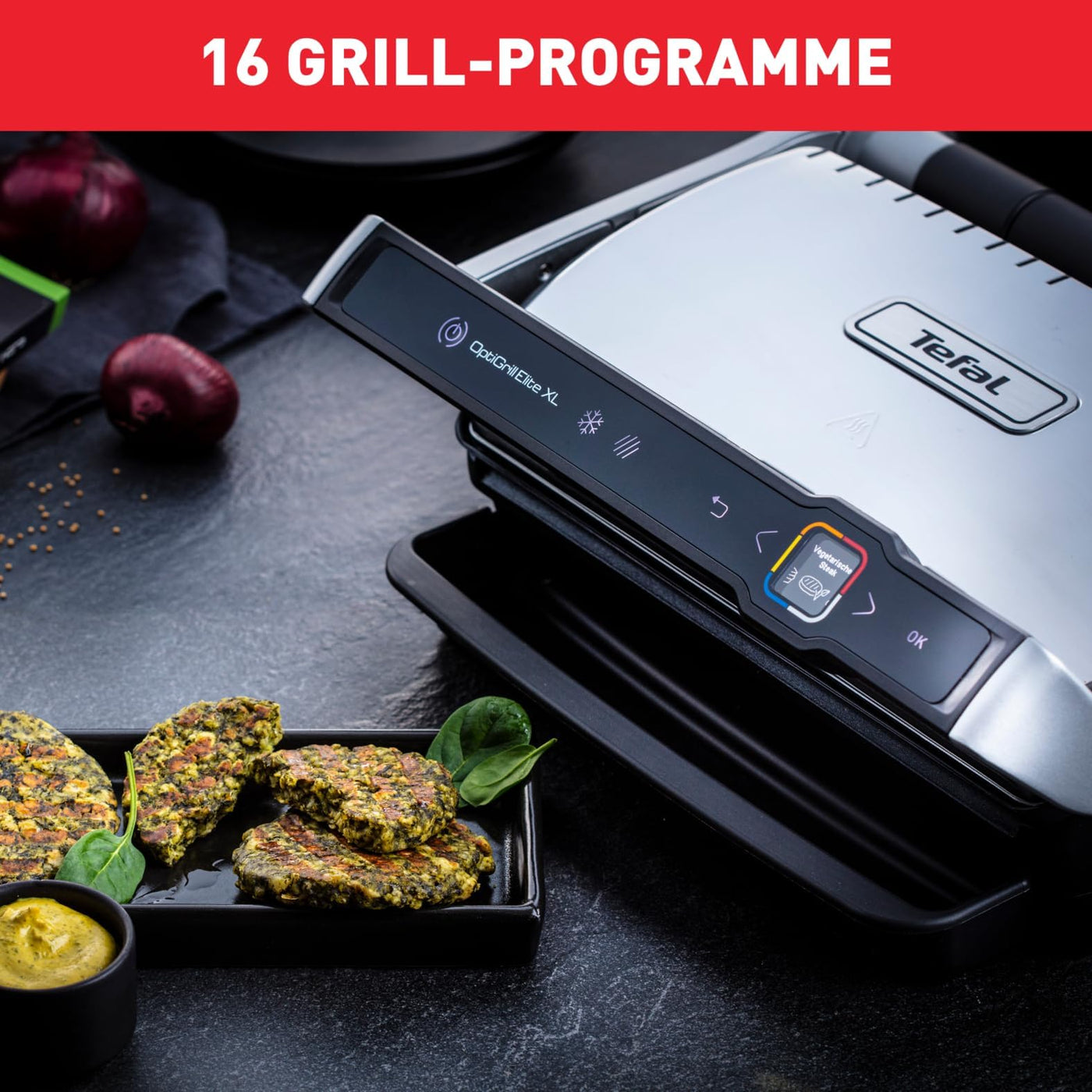 Tefal OptiGrill Elite XL Kontaktgrill, 16 Programme, Digitales Display mit Garstufenanzeige, Abnehmbare XL-Platten, Elektrogrill, Edelstahl, GC760D12