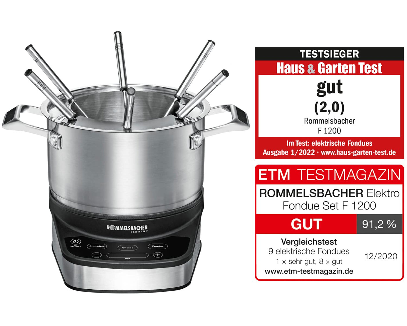 ROMMELSBACHER Elektro Fondue Set F 1200 - Fonduetopf aus Edelstahl (2,5 Liter), 6 Fonduegabeln, 3 Programme, extra langes Kabel, hohe Temperaturgenauigkeit, 1200 Watt