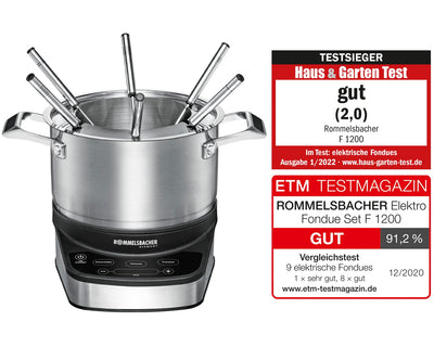 ROMMELSBACHER Elektro Fondue Set F 1200 - Fonduetopf aus Edelstahl (2,5 Liter), 6 Fonduegabeln, 3 Programme, extra langes Kabel, hohe Temperaturgenauigkeit, 1200 Watt