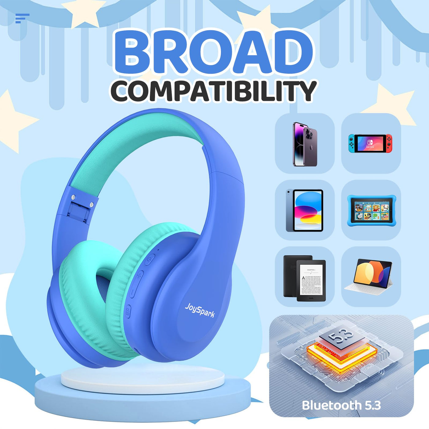 JoySpark Bluetooth Kopfhörer Kinder, Kabellose Kinderkopfhörer Over-Ear mit 85/94dB Lautstärkebegrenzung, 60 Stunden Spielzeit, Bluetooth 5.3, eingebautes Mikrofon-Blau