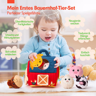 hahaland Baby Spielzeug 6-12 Monate,Gefüllte Bauernhoftiere mit Scheune,Rassel,Spiegel,Beschäftigtes Bauernhof Tier Sortierung Montessori Spielzeug, Sensorisches Spielzeug für Kleinkinder 1 2 3