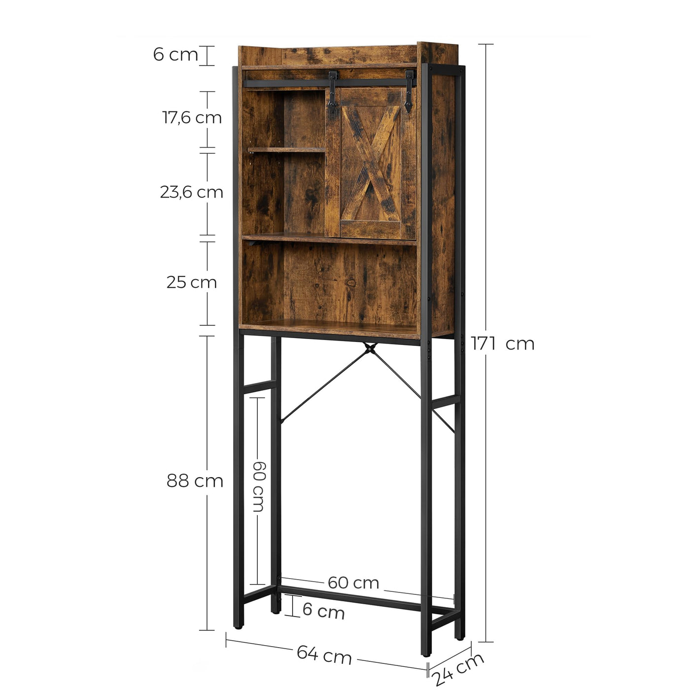 VASAGLE Toilettenregal, Badezimmerregal, mit Schrank, Stahlgestell, für Waschmaschine, einfache Montage, Industrie-Design, 64 x 24 x 171 cm, vintagebraun-schwarz BTS003B01