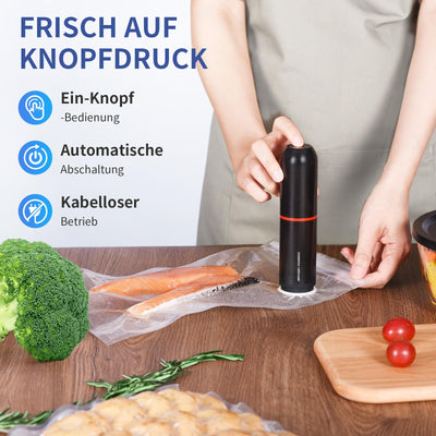 AIRMSEN Vakuumiergerät Klein, Handvakuumierer mit 40 kPa Saugkraft, inklusive 11 Vakuumbeutel & 2 Weinverschlüsse, ideal für Zuhause, Reisen, Camping und zur Lebensmittelkonservierung