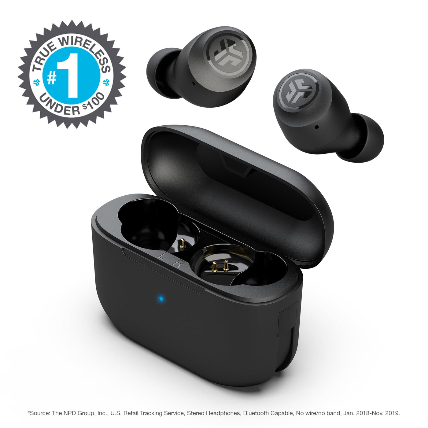 JLab Go Air Pop In Ear Kopfhörer kabellos Bluetooth, True Wireless Kopfhörer, 32+ Std Headphones, kabellose Ohrhörer, Earbuds mit Mikrofon, USB Ladebox, Dual Connect, EQ3 Sound, Schwarz