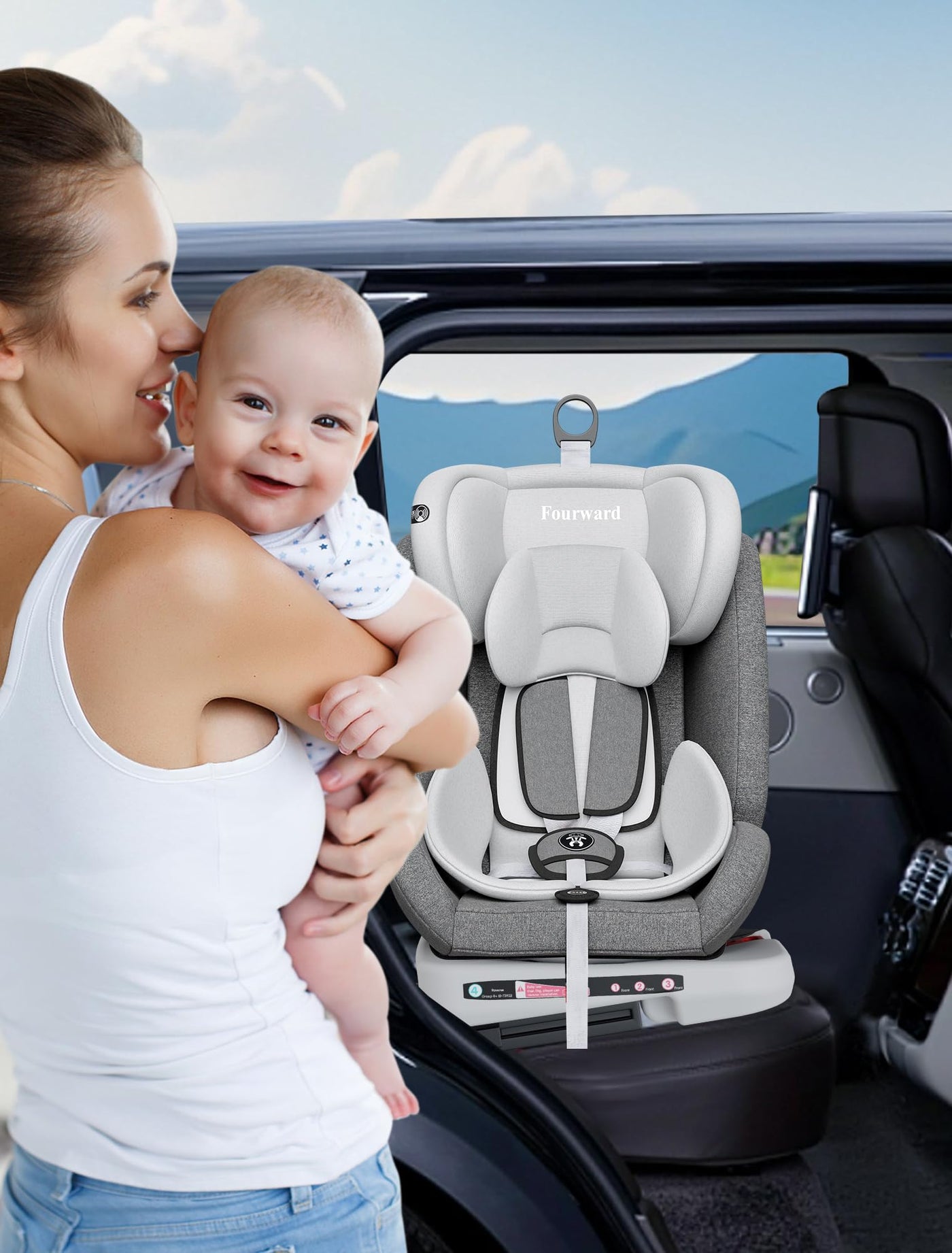 Fourward Baby Autositz 360° drehbar | ISOFIX | Ruheposition | Gruppe 0+1/2/3 | 9-36 kg | Kindersitz mit 5-Punkt-Sicherheitsgurt | Komfortabler Kinderautositz | Hohe Sicherheit | Einfache Installation