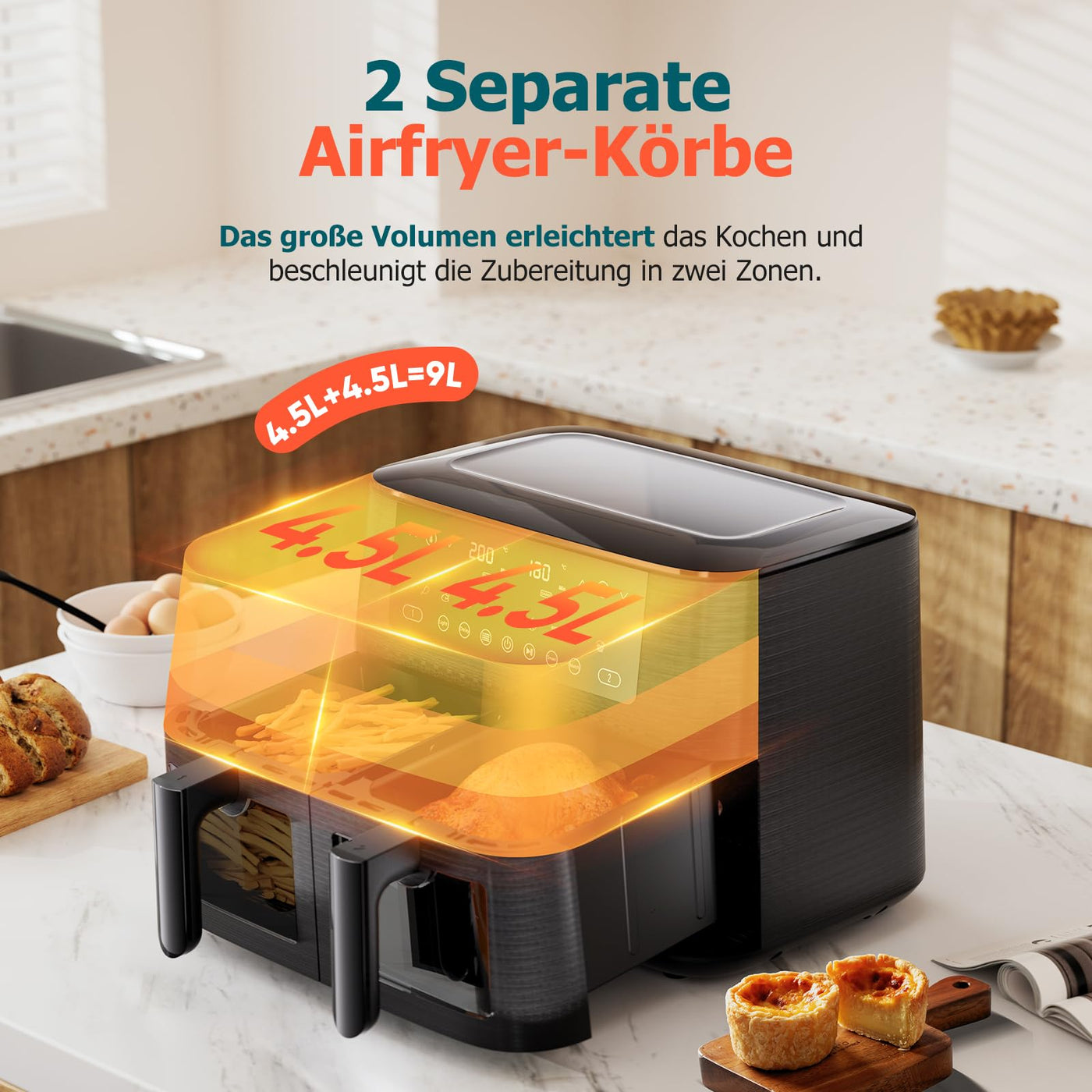 Dual Zone Heißluftfritteuse mit Sichtfenster, 9L XL Kapazität Doppel-Airfryer, 2 Schubladen, 9-in-1 Kochvorgaben, Touchscreen, Smart und Timer-Funktion, Gesunde Friteuse ohne Öl und fettarmes Kochen