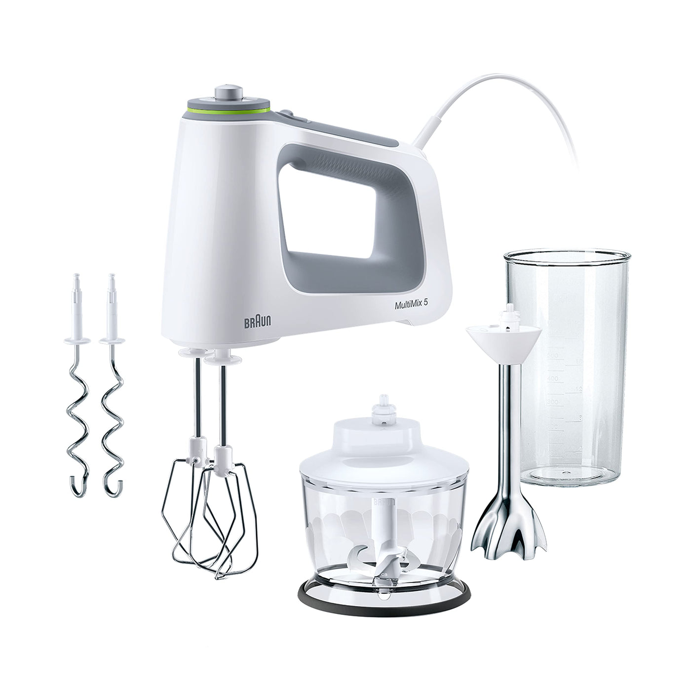 Braun MultiMix 5 HM 5137 Handmixer – Handrührgerät mit stufenloser Geschwindigkeitsregelung, inkl. Schneebesen, Knethaken, Pürierstab, Zerkleinerer und 600 ml Mix- und Messbecher, 750 Watt, weiß