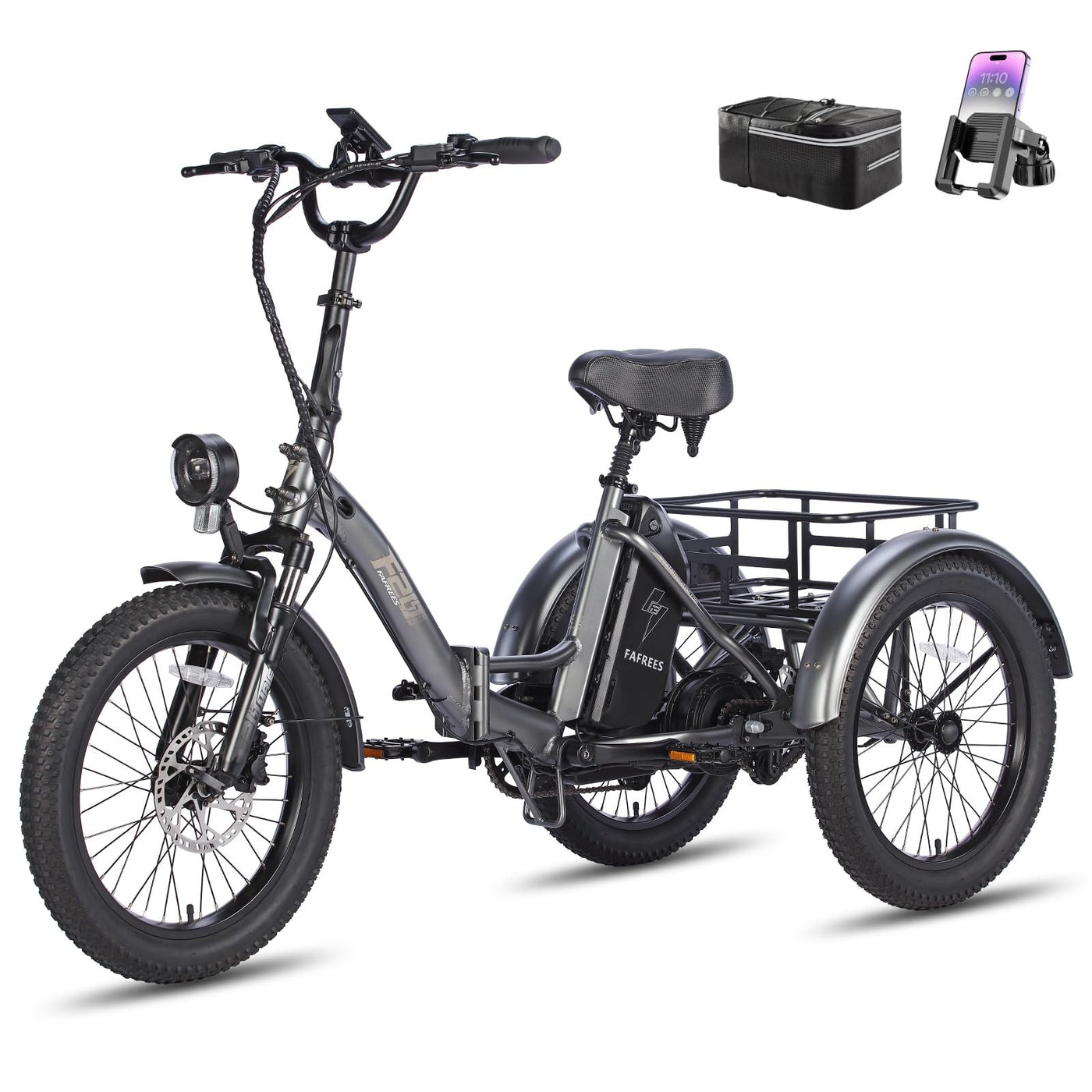 Fafrees E Bike Dreirad F20 Mate, Ebike Klapprad 20"*3.0 Zoll, Lastenfahrrad für Erwachsene 48V 18.2Ah Akku, e Bike 3 Rad 65N.m 25km/h, Dreirad für senioren (Kleiner hinterer Korb, Grau)