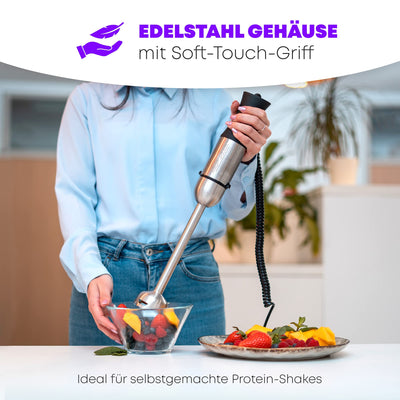 ProfiCook® Stabmixer | Edelstahl | 1000 Watt | Extra langer 27 cm Stab | Geschwindigkeitsregulierung | ergonomischer Soft-Touch-Griff | 4-fach Edelstahlmesser | Abnehmbarer Mixstab | PC-SM 1094