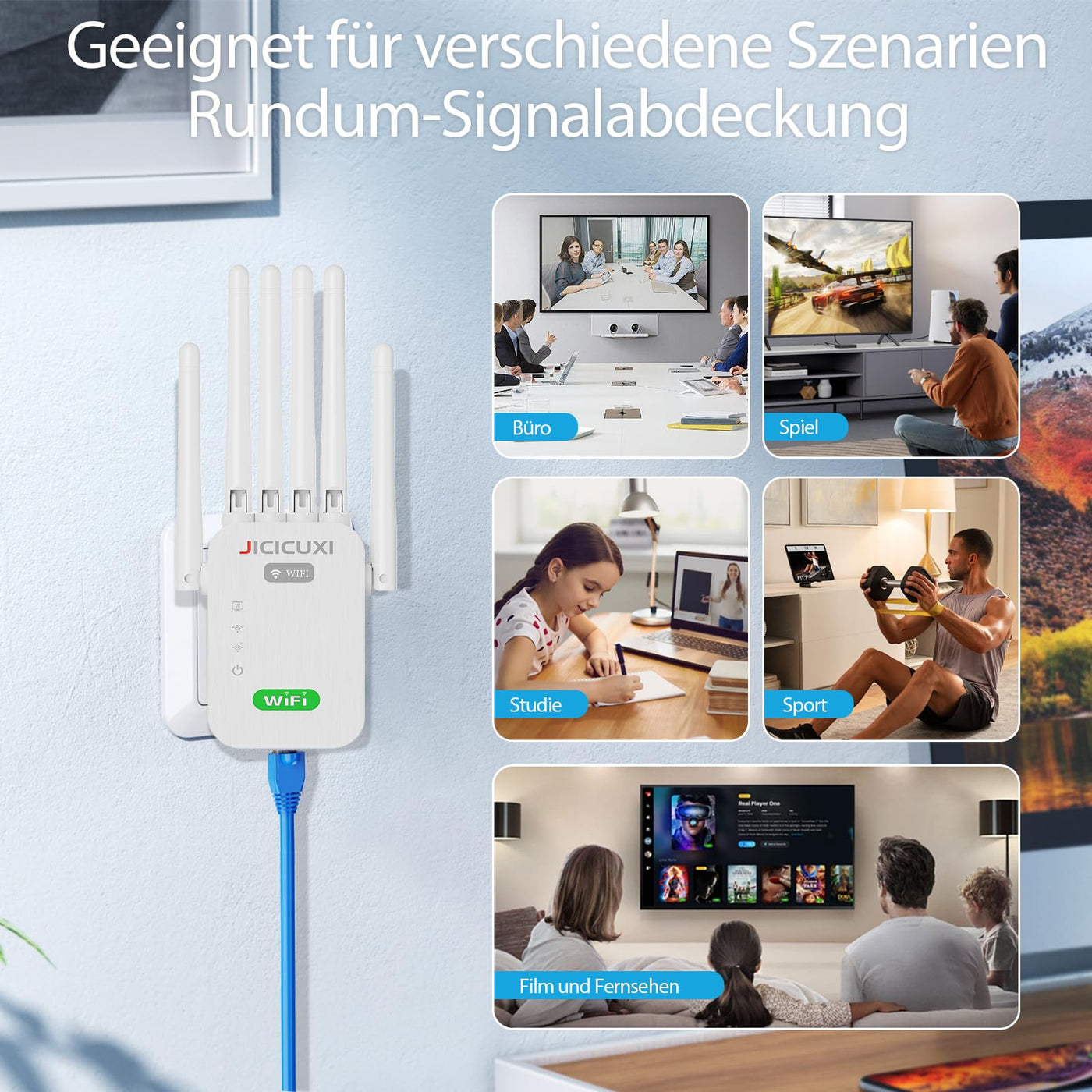 WLAN Verstärker WLAN Extender WLAN Verstärker für bis zu 5.000 m² und 50 Geräte mit 6 Antennen und Steckern WiFi Internet Booster Kompatibel Allen WLAN Geräten-Weiß