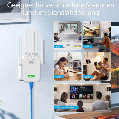 WLAN Verstärker WLAN Extender WLAN Verstärker für bis zu 5.000 m² und 50 Geräte mit 6 Antennen und Steckern WiFi Internet Booster Kompatibel Allen WLAN Geräten-Weiß