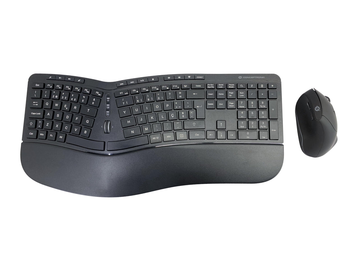 Conceptronic ORAZIO02PT Ergo Kabelloses Set aus ergonomischer Tastatur und vertikaler Maus, portugiesisches Layout, Schwarz