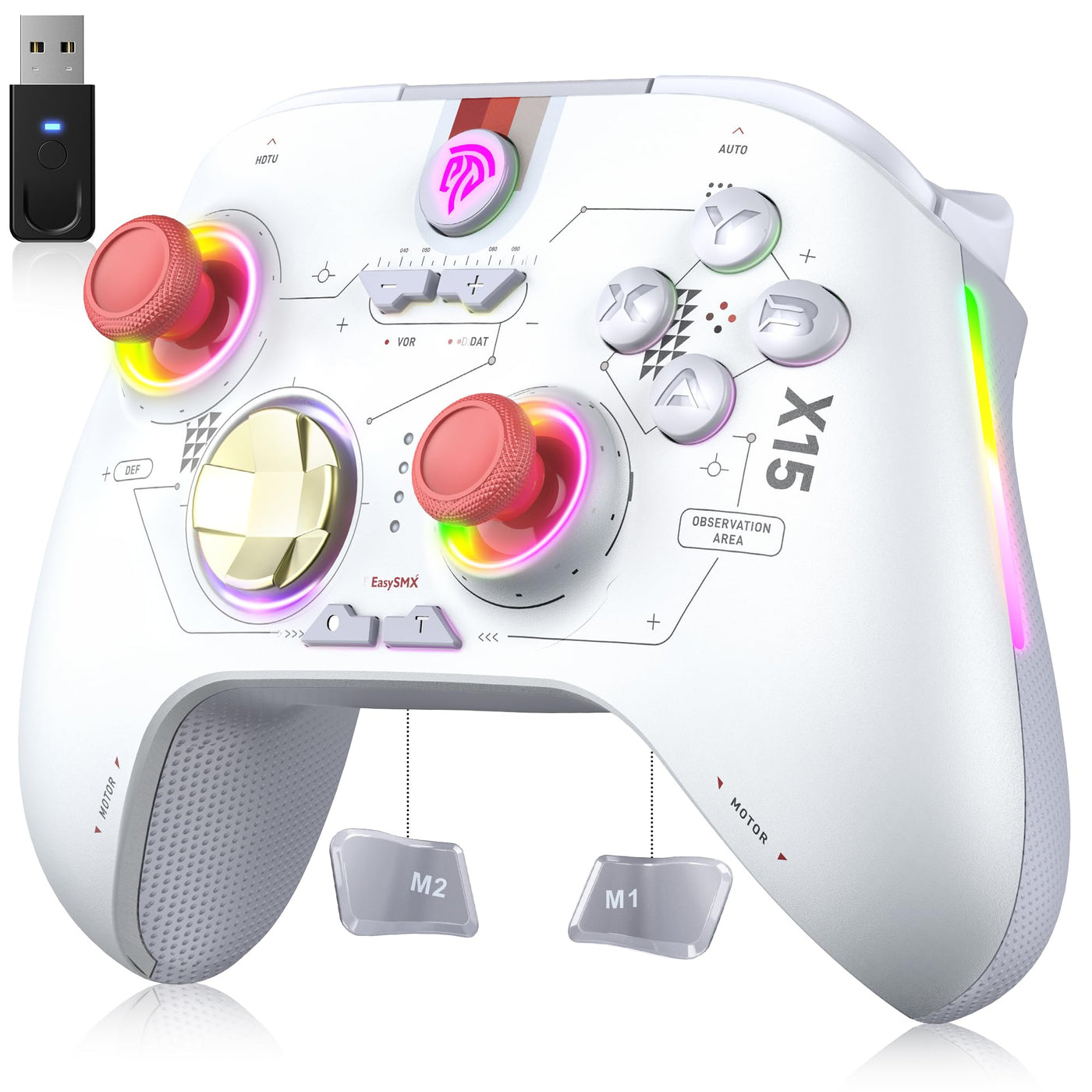 EasySMX X15 Controller PC, PC Controller Wireless mit 7 RGB Licht, Gaming Controller PC mit Hall Joystick&Trigger, Bluetooth Controller Kompatibel mit PC/Switch/Handy/Tablet-Weiß